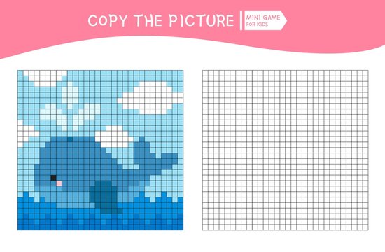 Educational game for children. Copy the picture by grid. Cartoon whale.