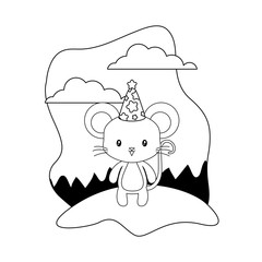 cute mouse animal with hat party in landscape