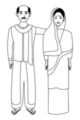 indian couple avatar cartoon character in black and white