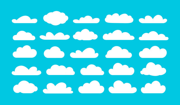 Set of different cartoon clouds on blue sky. Cartoon vector illustration