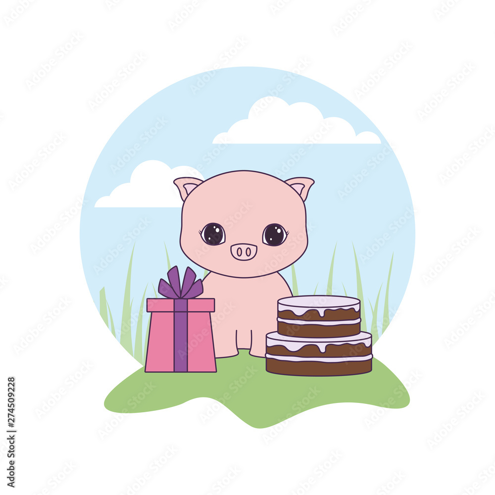 Sticker cute piggy with cake of birthday and gift box in landscape