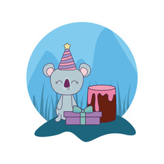 cute koala with cake of birthday and gift box