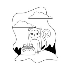 cute monkey animal with cake of birthday in landscape