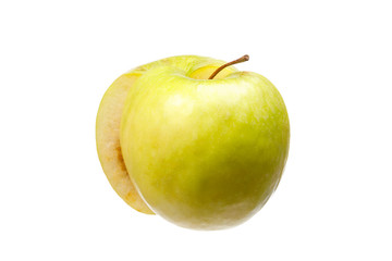 Two stacked halves of a rotten apple