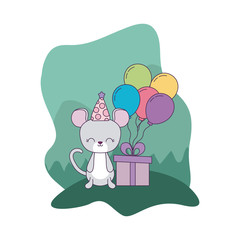 cute mouse with gift box and balloons helium
