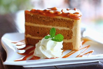 Piece of chocolate cake on a white plate