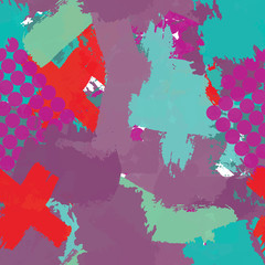 Seamless abstract grunge texture. Repetitive pattern for printing on fabric, wrapping paper. Chaotic background of spots red, turquoise, lilac.