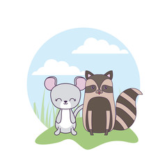 cute mouse with raccoon animals in landscape