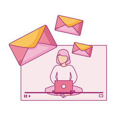 woman seated using laptop computer with envelopes