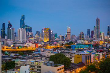 Fototapeta premium Landscape of Bangkok city at twilight time with bird view. Capture from highest office building in Bangkok (central of bangkok)