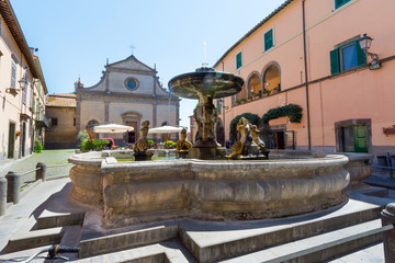 Tuscania, Viterbo, Italy: San Giacomo Maggiore cathedral, the square and the fountain - obrazy, fototapety, plakaty