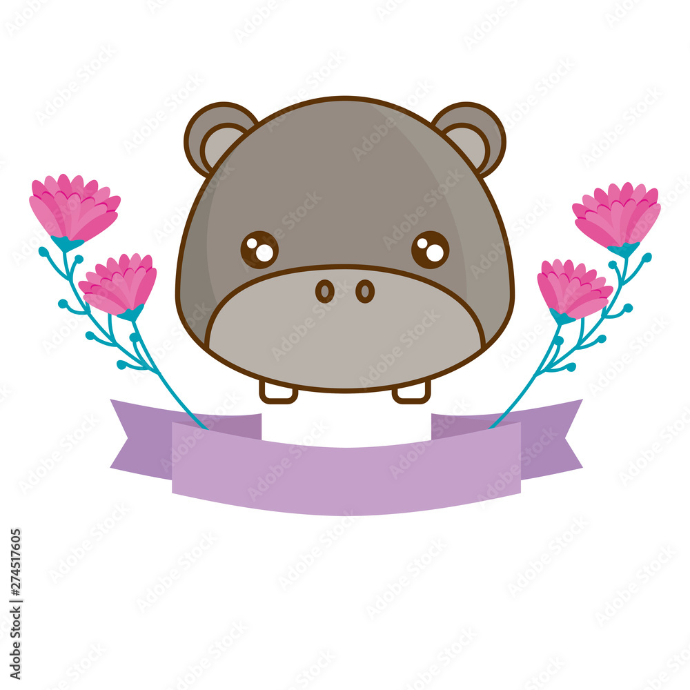 Sticker head of cute hippopotamus with ribbon and flowers