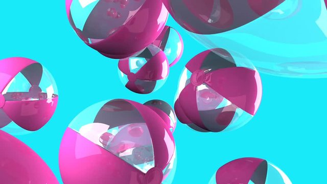 Pink beach balls on blue background.3D render animation.