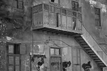 Abandoned building exterior in black and white Egypt