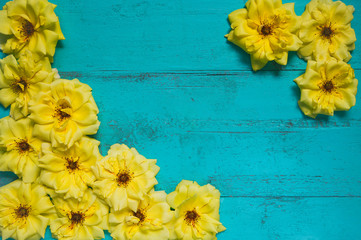 Old painted wooden table  with fresh yellow and pink garden roses lying as a frame. Summer background with copy space for posters, seasonal card