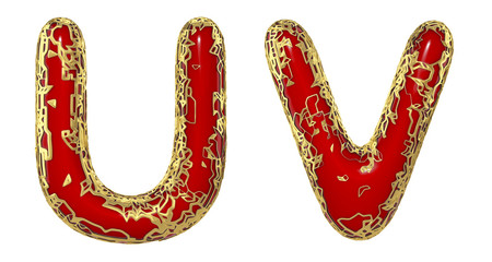 Realistic 3D letters set U, V made of gold shining metal letters. © lotus_studio