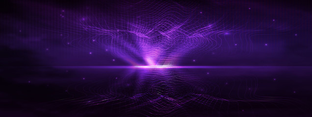 Fototapeta premium lines, particles of digital waves and light. futuristic wave and the glowing circle in the center in a realistic style. abstract technology background in a purple colors. Widescreen. illustration