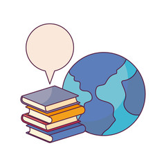 pile of textbooks with planet earth and speech bubble