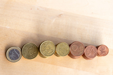 Mehrere Stapel mit EURO-Münzen zeugen von fleißigem Sparen und dem Ersparten eines Kindes