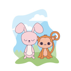 cute rabbit with monkey animals in landscape