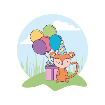 cute monkey with gift box and balloons helium in landscape