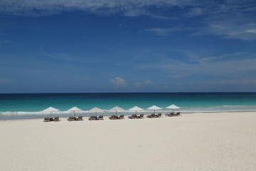 Obraz premium Beach chairs and umbrella on a beautiful Caribbean beach at Harbor Island, Bahamas