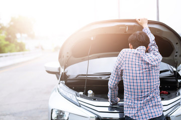 people man stand stressed so sad having trouble with his stress broken car. Engine room crash at failed engine. Wait for help on the road. accident insurance  and Transportation system concept.
