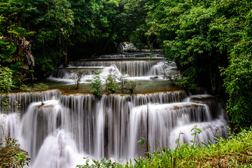 Huai Mae Kamin Waterfall in the rainy season at the tropical forest of Kanchanaburi National Park, Thailand