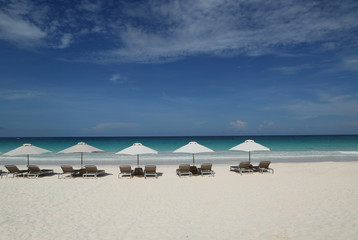 Beach chairs and umbrella on a beautiful Caribbean beach at Harbor Island, Bahamas