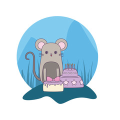 cute mouse with cakes of birthday