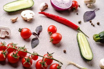 Culinary background, food blog, recipe concept. Layout of fresh healthy green vegetables and herbs. Ingredients for cooking. Delicious vegetarian meals and diet concept