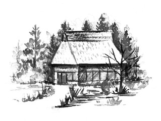 日本の古いかやぶきの家　墨絵