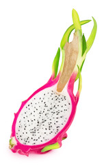 Halved dragon fruit isolated on a white background.