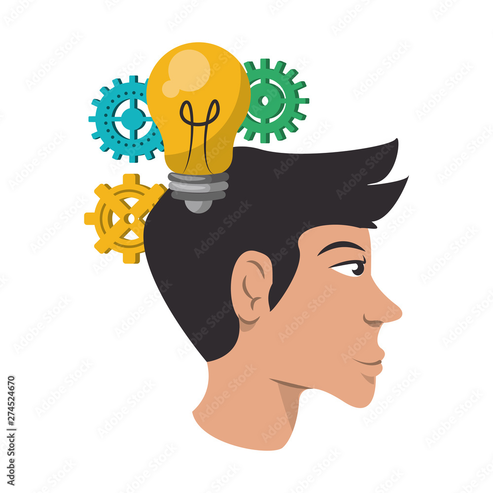 Poster man with big idea bulb light and gears