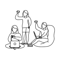 group of women using laptop and smartphone device