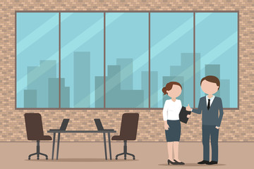 Two managers talking to each other in office. Vector illustration.