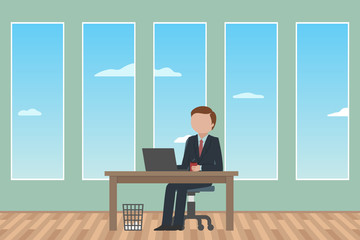 Employee sitting at table and working. Office job. Vector illustration.