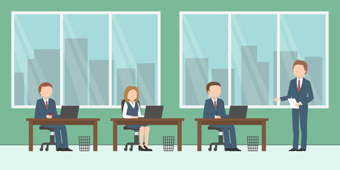 Caucasian boss and his subordinates. Office working day. Vector illustration.