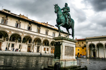 Equestrian Monument of Cosimo Medici (1519-74) on square Piazza della Signoria in Florence, Italy.  Rainy day. April 2012