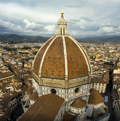 Obraz premium Cathedral Duomo Santa Maria del Fiore dome viewed from the top bell tower Campanile in Florence, Tuscany, Italy. April 2012