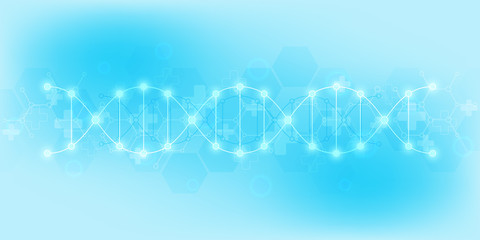 DNA strand and molecular structure. Genetic engineering or laboratory research. Background texture for medical or scientific and technological design.