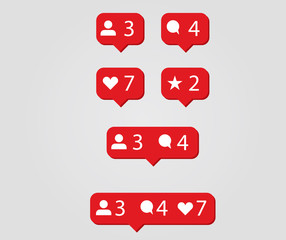 Fototapeta premium Notification balloons for new friend, new comment, added to favorites and marked with a star. Pop up red reminder notice icons in red vector illustration.