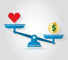 Balance scale weight for love and money. Vector conceptual illustration. - obrazy, fototapety, plakaty