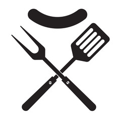 BBQ or grill tools icon. Crossed barbecue fork and spatula with sausage. Symbol template logo. Isolated vector illustration on white background.
