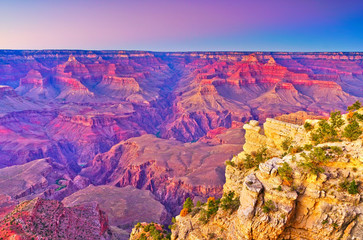 The beautiful view of Grand Canyon from the south rim of Grand Canyon National Park at dusk.