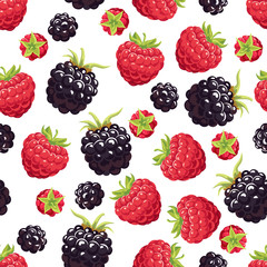 Raspberry and blackberry seamless pattern on white background. Vector illustration of red and black forest berries in cartoon flat style.
