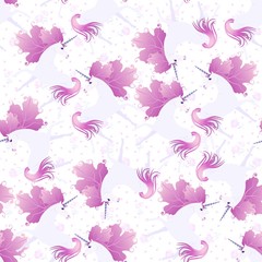 Fototapeta na wymiar Gentle seamless pattern with cute white unicorns with purple mane in shape of autumn leaves on ditsy floral background. Print for fabric.