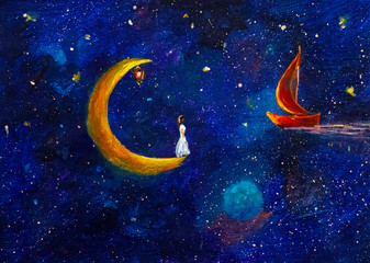 Fototapeta na wymiar Painting girl on big moon in space meets scarlet sails - flying red ship, illustration for fairy tale, fabulous worlds - modern art impressionism abstract landscape acrylic paint artwork