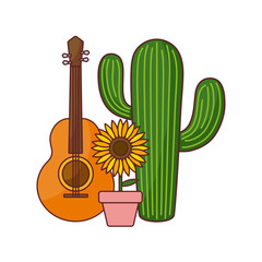 cactus plant with sunflower in pot and guitar