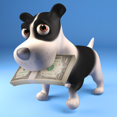 Cute black and white puppy dog with a wad of US dollars in his mouth, 3d illustration